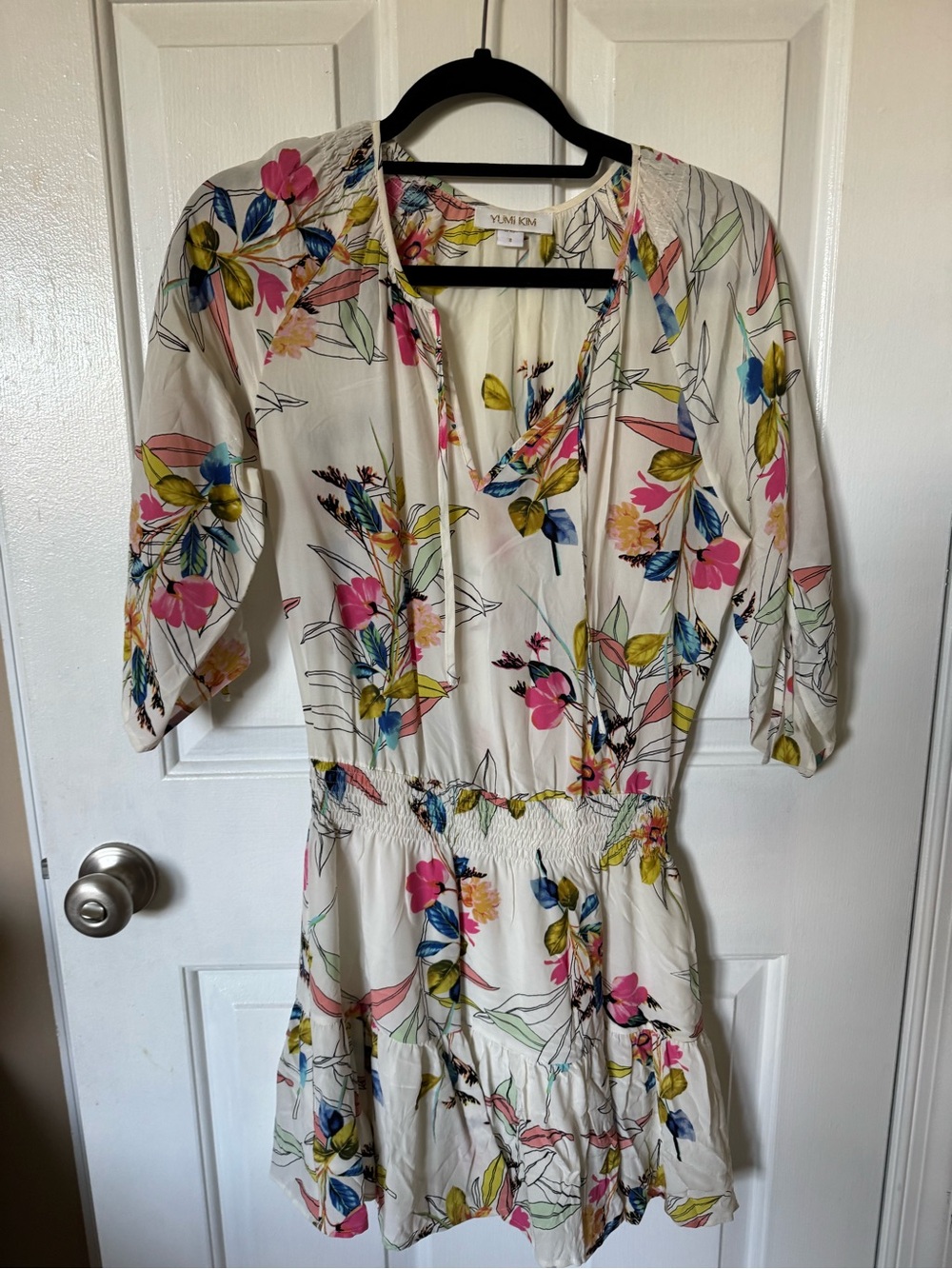 Yumi Kim Cream Floral Short Tiered Dress with Pink & Blue Accents